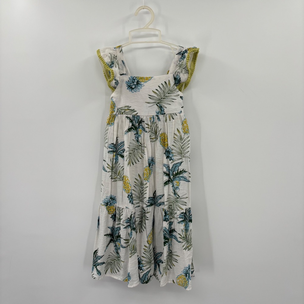 Bonnie Jean Maxi Dress Kids Size 6X White Tropical Pineapple Pom Pom Trim Summer